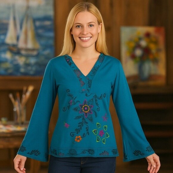 Unbranded Blue Floral Embroidered Bell Sleeve Top Artsy Bohemian Peasant M - Picture 1 of 12